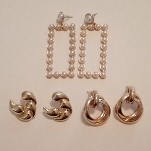 #991. 3 Piece Gold Toned & Faux Pearl Earring Bundle, With Post Backs